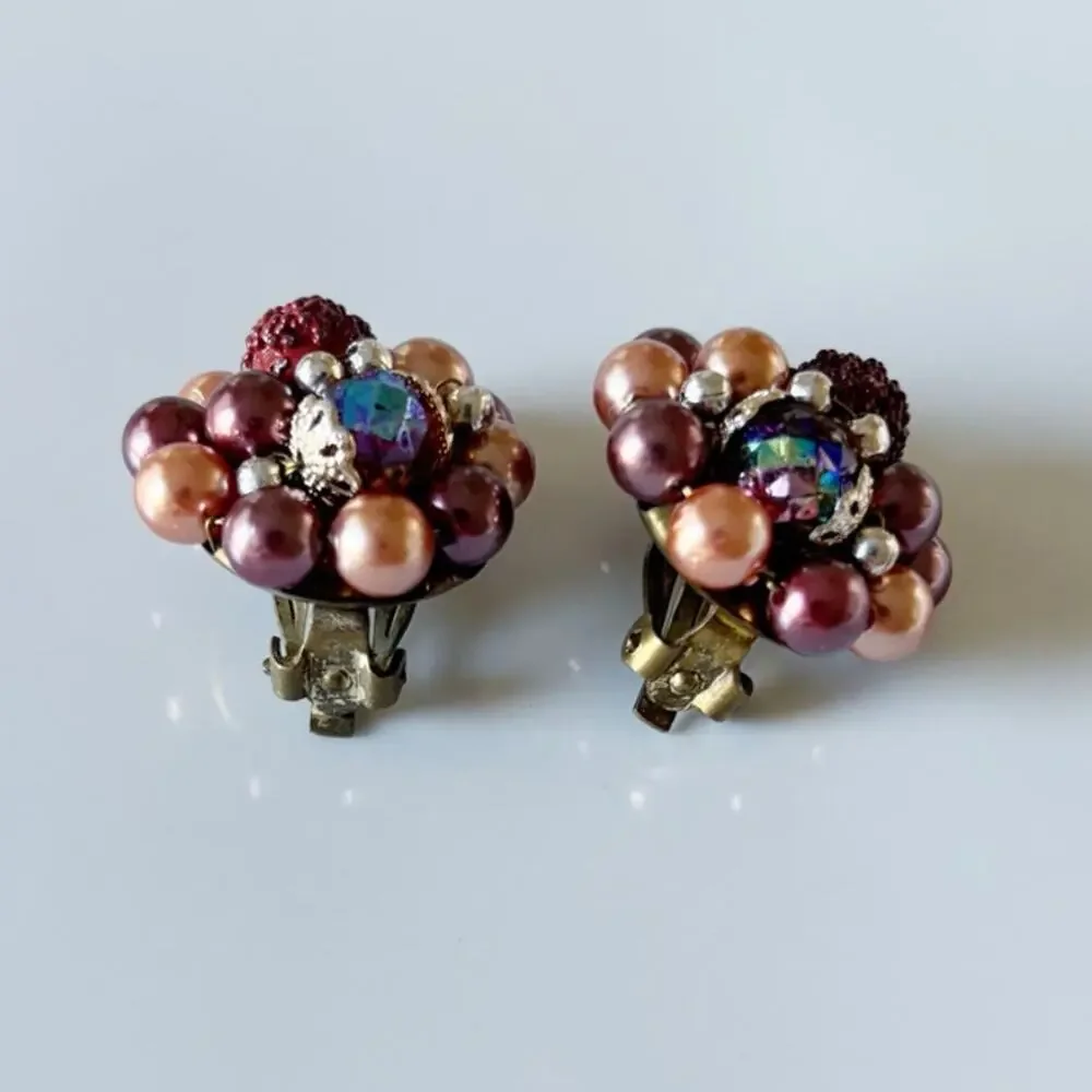 Vintage Cluster Bead Clip On Earrings Japan Earrings Purple